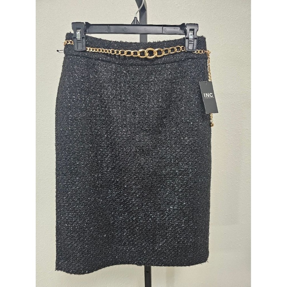 I.N.C. Women's Black Sparkle Tweed Belted Pencil Skirt - Size 0 (B14)
